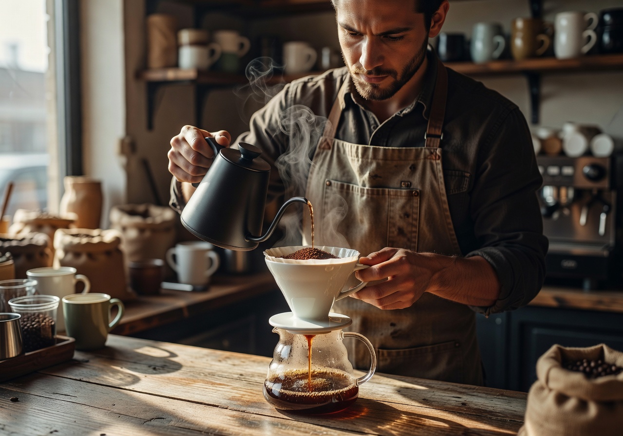 Barista making pour over coffee