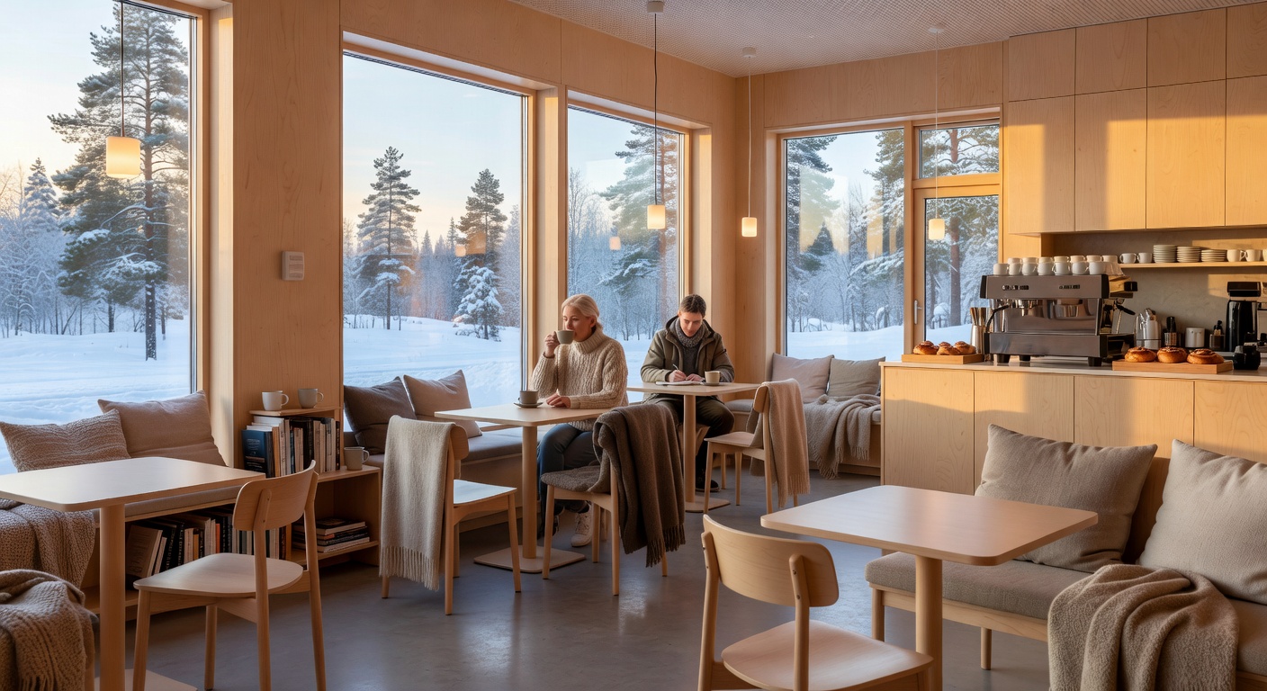 Cozy modern interior of Vivasparkrun café in Finland