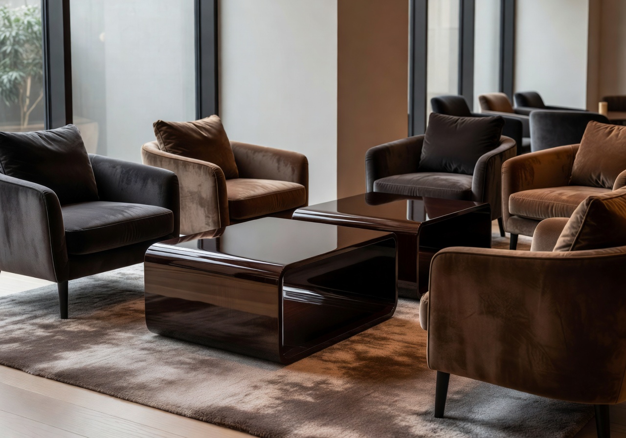 Cozy seating area with modern glossy tables at Vivasparkrun