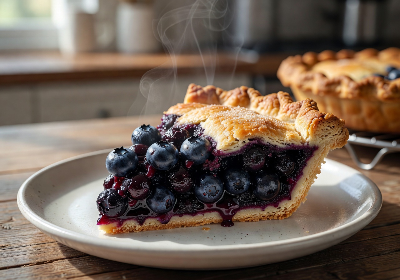 Freshly baked blueberry pie slice